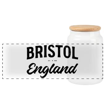 Bristol England Lettering Vintage - Panoramic Cookie Jar with Wooden Lid - white - Front