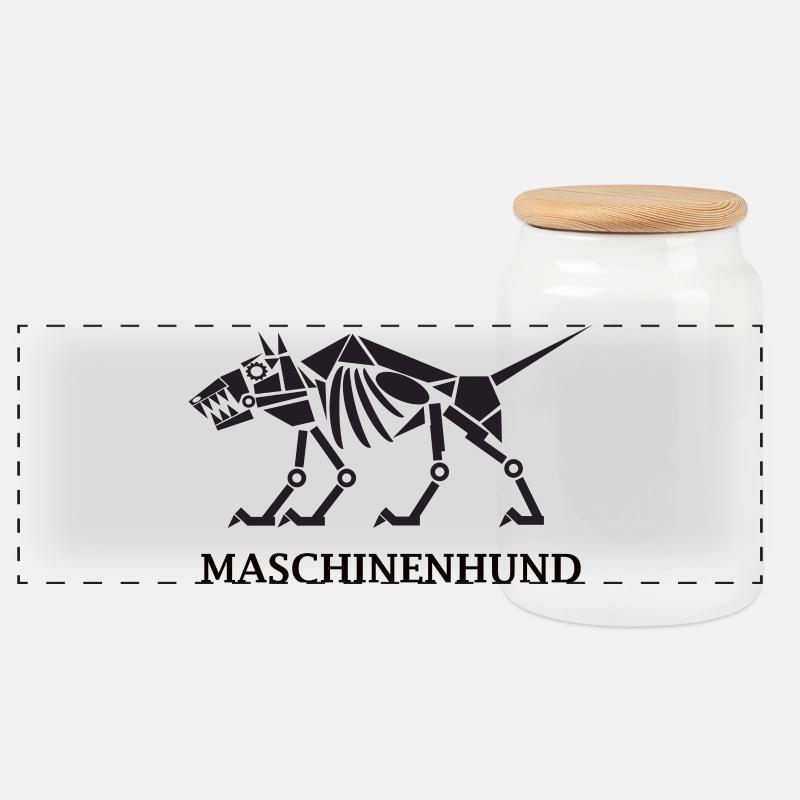 Maschinenhund mit Text - Panorama Keksdose mit Holzdeckel - Weiß