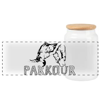Parkour Symbol freerunning backflip somersault graphic - Panoramic Cookie Jar with Wooden Lid - white - Front