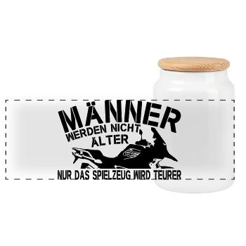 Lustiger Spruch Männer älter Motorrad Spielzeug - Panorama Keksdose mit Holzdeckel - Weiß - Vorne