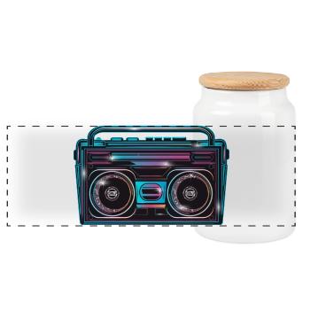Kassetten Recorder im leuchtenden 80er Neon Look - Panorama Keksdose mit Holzdeckel - Weiß - Vorne