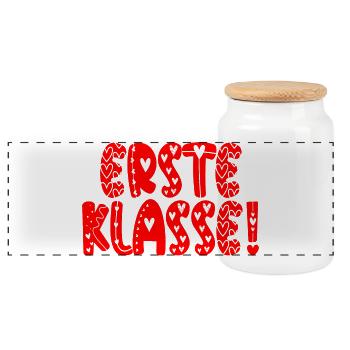 Komplimente Lob - Erste Klasse Schulanfang - Panorama Keksdose mit Holzdeckel - Weiß - Vorne
