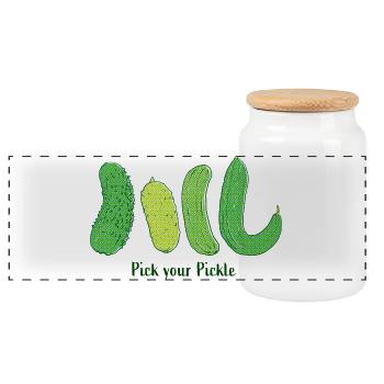 Pick Your Pickle: Green Cucumber Art - Panoramic Cookie Jar with Wooden Lid - white - Front