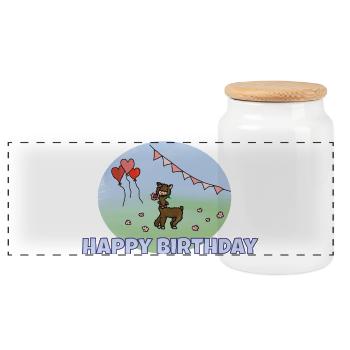 Happy Birthday Alpaka - Panorama Keksdose mit Holzdeckel - Weiß - Vorne