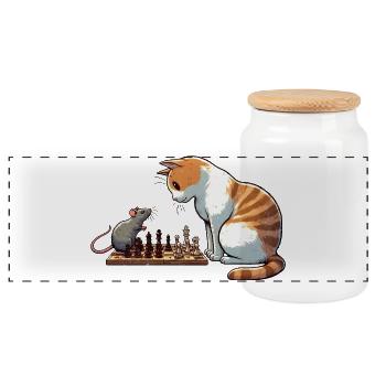 Chat ludique et souris Oeil Illustration - Boîte à biscuits avec couvercle en bois - blanc - Devant