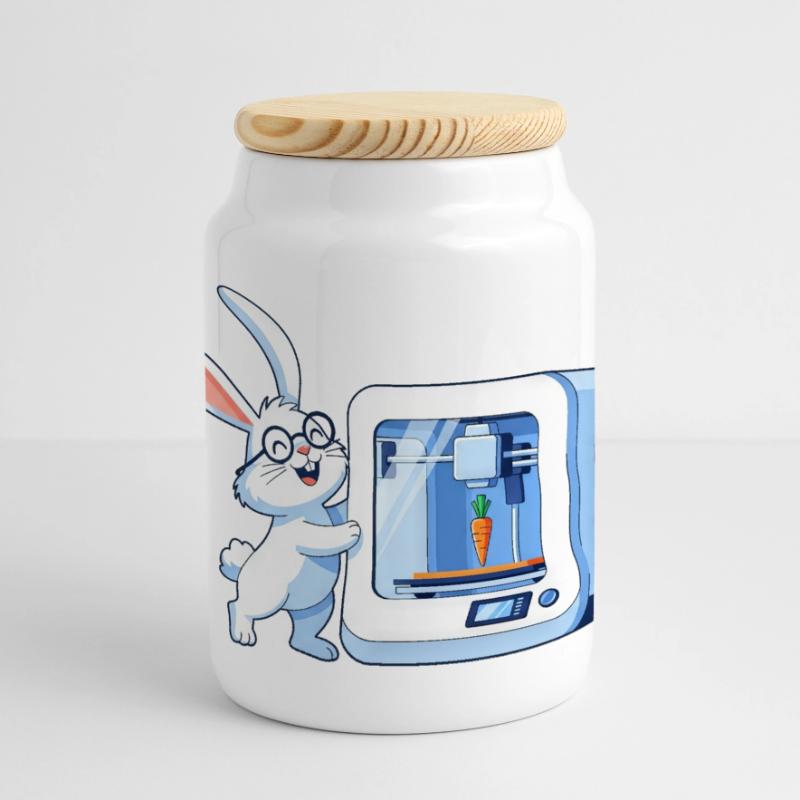 Funny Rabbit Nerd Programmer 3D Printer Panoramic Cookie Jar with Wooden Lid