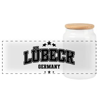 Lettrage de Lübeck – Conception urbaine minimaliste - Boîte à biscuits avec couvercle en bois - blanc - Devant