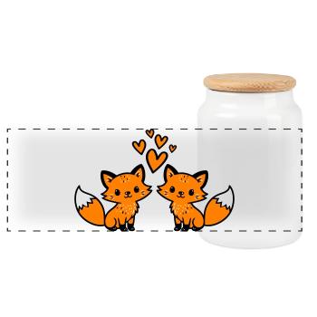 Fox Couple Hearts Love - Panoramic Cookie Jar with Wooden Lid - white - Front
