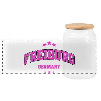 Freiburg Pink City Emblem - Panoramic Cookie Jar with Wooden Lid - white - Front