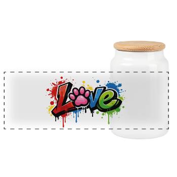 Love – Graffiti Style with Cat's Paw - Panoramic Cookie Jar with Wooden Lid - white - Front
