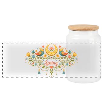 Frühlingsornament mit Blumen,Vögel und Mond - Panorama Keksdose mit Holzdeckel - Weiß - Vorne