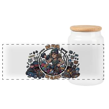 No Pain No Glory Gymrat Cartoon - Panoramic Cookie Jar with Wooden Lid - white - Front