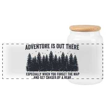 Adventure is out there – Funny Outdoor Spruch - Panorama Keksdose mit Holzdeckel - Weiß - Vorne