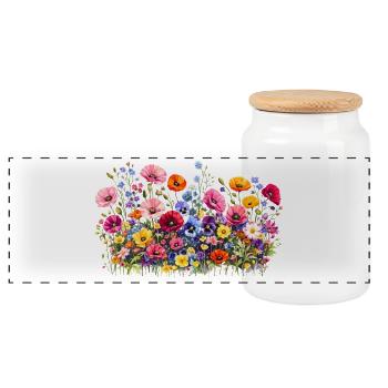 Wildflowers meadow with natural watercolor flowers - Panoramic Cookie Jar with Wooden Lid - white - Front