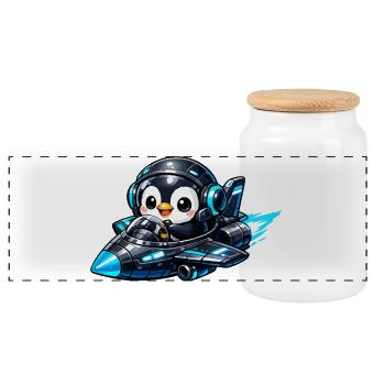Neon penguin pilot in rocket jet - Panoramic Cookie Jar with Wooden Lid - white - Front