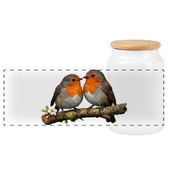 Duo Red Robin on Branch - Panoramic Cookie Jar with Wooden Lid - white - Front