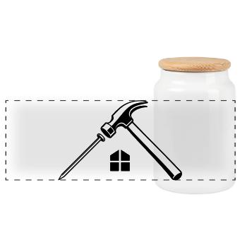 Dachdecker Hammer Nagel Logo - Panorama Keksdose mit Holzdeckel - Weiß - Vorne