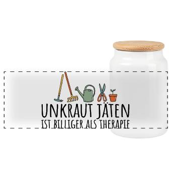 Unkraut jäten ist billiger als Therapie - Panorama Keksdose mit Holzdeckel - Weiß - Vorne