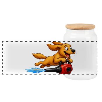Dog Flying With Leaf Blower Jetpack - Panoramic Cookie Jar with Wooden Lid - white - Front