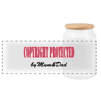 copyright protected by mum and dad - Panoramic Cookie Jar with Wooden Lid - white - Front