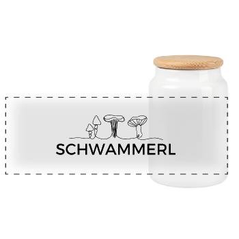 Schwammerl - T Shirt mit Pilzen - Panorama Keksdose mit Holzdeckel - Weiß - Vorne