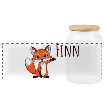 Fuchs Finn - Mein Name ist Finn - Süßes Waldtiere - Panorama Keksdose mit Holzdeckel - Weiß - Vorne
