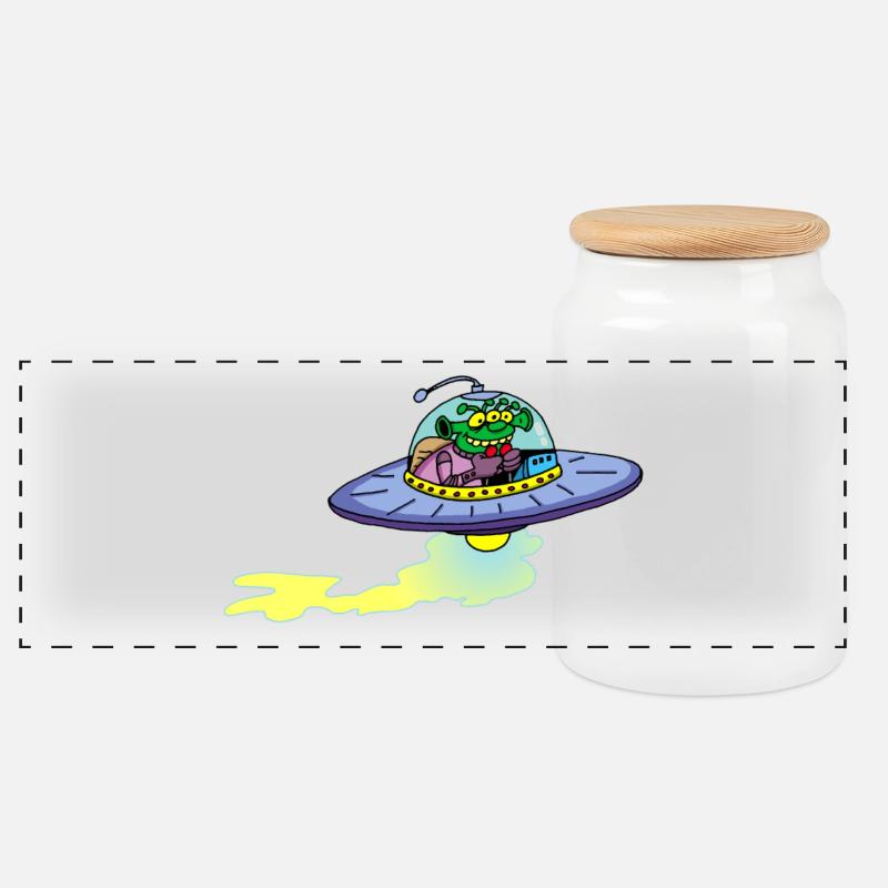 Alien Alien Raumschiff - Panorama Keksdose mit Holzdeckel - Weiß