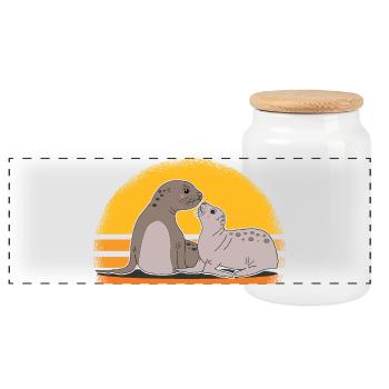 Sceau avec bébé mignon phoques cadeau - Boîte à biscuits avec couvercle en bois - blanc - Devant