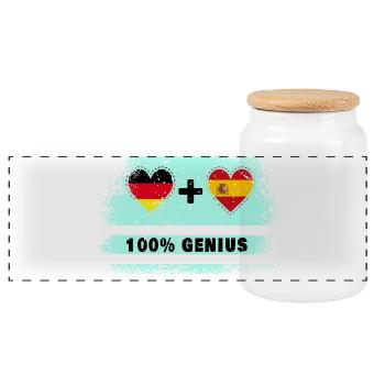 Spain and Germany flag 100% genius - Panoramic Cookie Jar with Wooden Lid - white - Front