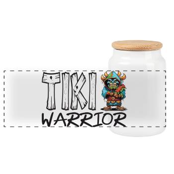 Tiki Warrior Cartoon Tropical Hero - Panoramic Cookie Jar with Wooden Lid - white - Front