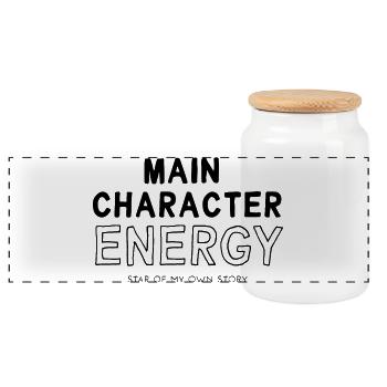 main character energy - Panoramic Cookie Jar with Wooden Lid - white - Front