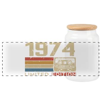 Legenden 1974 Jahrgang 1974 Jubiläum Jahrgang 1974 - Panorama Keksdose mit Holzdeckel - Weiß - Vorne