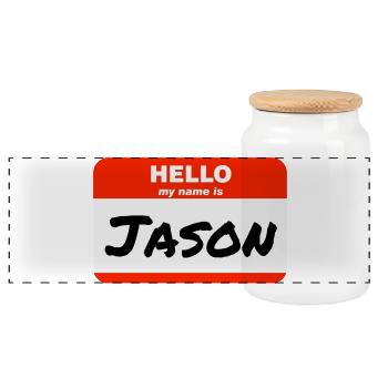 Hello My Name Is Jason Red Label with First Name - Panoramic Cookie Jar with Wooden Lid - white - Front
