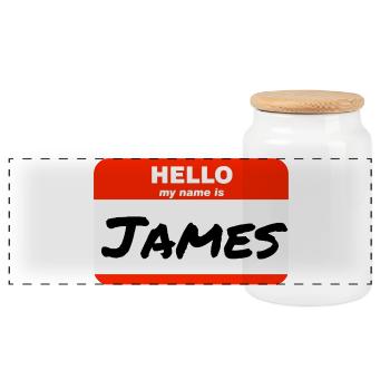 Hello My Name Is James Rotes Etikett mit Vorname - Panorama Keksdose mit Holzdeckel - Weiß - Vorne