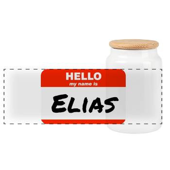 Hello My Name Is Elias Label Name Tag - Panoramic Cookie Jar with Wooden Lid - white - Front