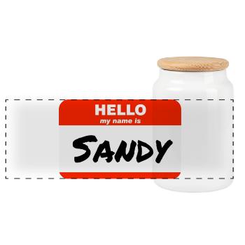 Hello My Name Is Sandy Etikett Namensschild - Panorama Keksdose mit Holzdeckel - Weiß - Vorne