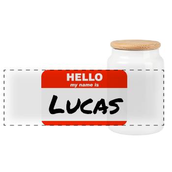 Hello My Name Is Lucas Etikett Namensschild - Panorama Keksdose mit Holzdeckel - Weiß - Vorne
