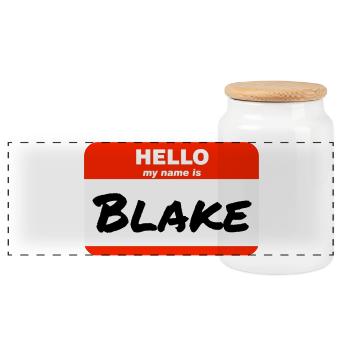 Hello My Name Is Blake Label Name Tag - Panoramic Cookie Jar with Wooden Lid - white - Front