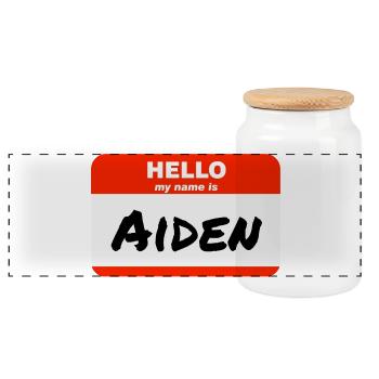 Hello My Name Is Aiden Label Name Tag - Panoramic Cookie Jar with Wooden Lid - white - Front