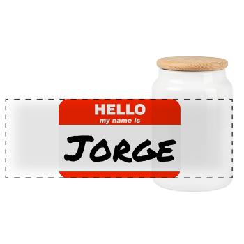Hello My Name Is Jorge Label Name Tag - Panoramic Cookie Jar with Wooden Lid - white - Front