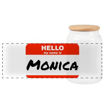 Bonjour, je m’appelle Monica Étiquette Nom Étiquette - Boîte à biscuits avec couvercle en bois - blanc - Devant