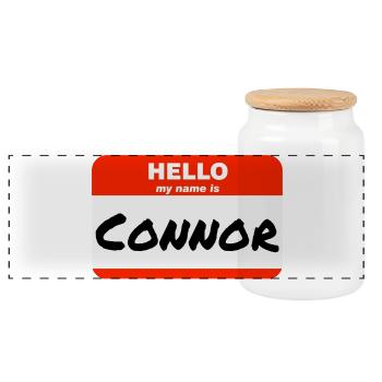 Bonjour, je m’appelle Connor Étiquette Nom Tag - Boîte à biscuits avec couvercle en bois - blanc - Devant