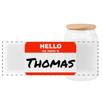 Hello My Name Is Thomas Etikett Namensschild - Panorama Keksdose mit Holzdeckel - Weiß - Vorne