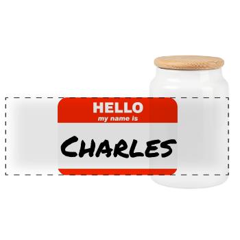 Hello My Name Is Charles Etikett Namensschild - Panorama Keksdose mit Holzdeckel - Weiß - Vorne