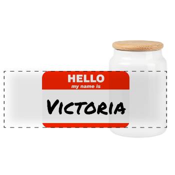 Hello My Name Is Victoria Label Name Tag - Panoramic Cookie Jar with Wooden Lid - white - Front