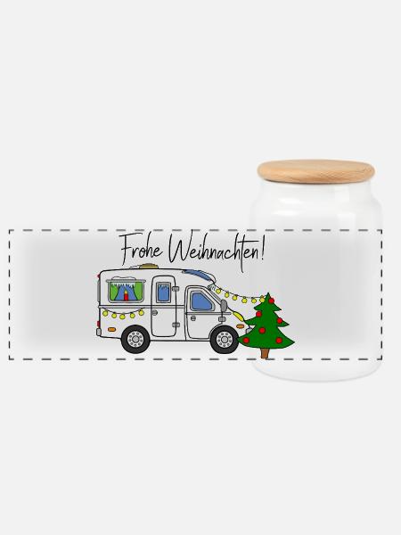Frohe Weihnachten für Wohnmobil-Camper - Panorama Keksdose mit Holzdeckel - Weiß