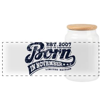 Born in November 2007 - Birthday - Gift - Panoramic Cookie Jar with Wooden Lid - white - Front