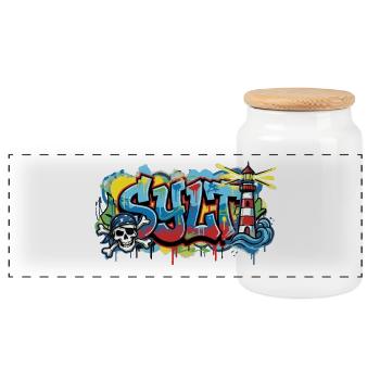 Sylt Graffiti mit Leuchtturm - Panorama Keksdose mit Holzdeckel - Weiß - Vorne