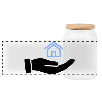 Hand hält Haus Immobilie - Panorama Keksdose mit Holzdeckel - Weiß - Vorne