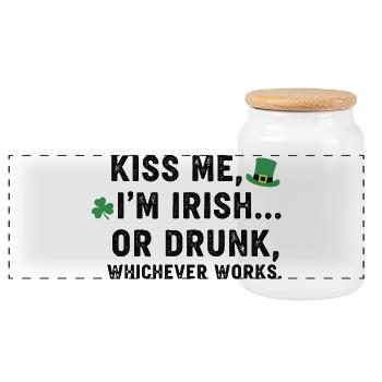 Kiss Me I'm Irish Or Drunk Tee - Panoramic Cookie Jar with Wooden Lid - white - Front